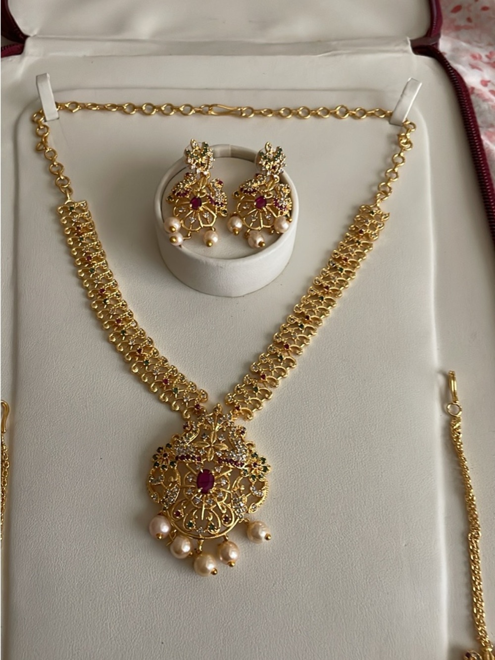 Gold-Tone Floral Pendant Necklace & Earring Set with Pink Stones and Pearls